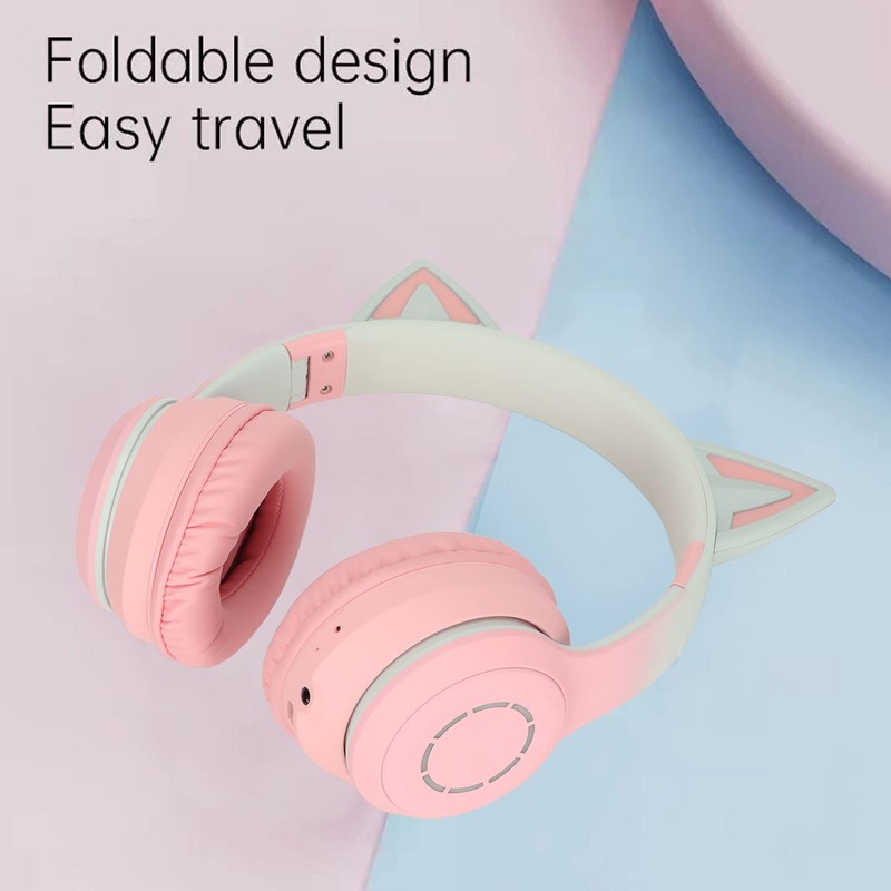 RGB Light Cat Ear Headphone, Foldable 3.5mm Wired Wireless BT
