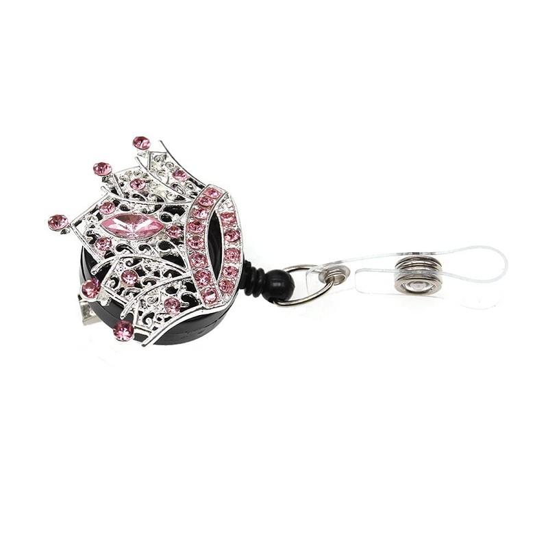 Crystal Rhinestone Crown Retractable ID Badge Name Card Holder Reel