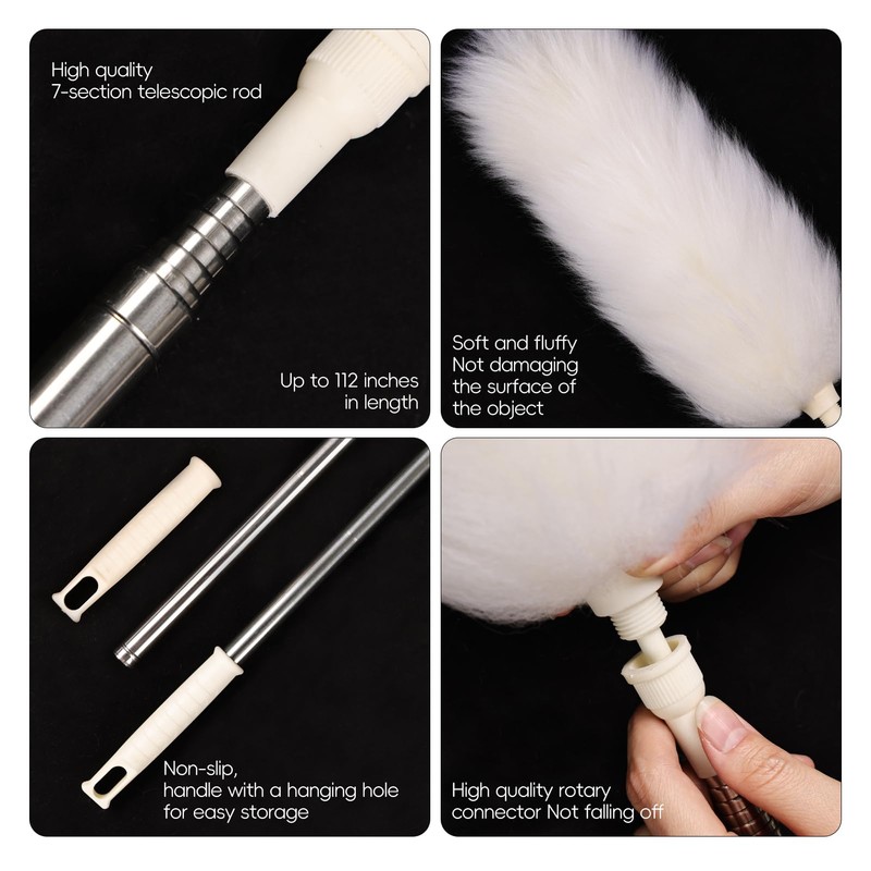 FeelfunFeather Extendable Lambswool Duster 29-110 Inch,Anti-Static Flexible Head, Stainless Steel