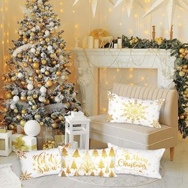 Lanpn White and Gold Christmas Cushion Covers 30x50 Set of 4, Decorative Gray Winter Snowflake Xmas Throw Covers Pillow Cases 12x20 for Home Bedroom Room Holiday Couch Decor Decorations