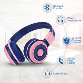 SIMOLIO Bluetooth Kids Headphones Volume Limited,Kids Safe Headphone with Share Jack,Wireless Headphones for Kids,Bluetooth Kids Headsets for Kindle/Tablets/Car and Gift for Girls (Pink)