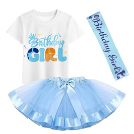 SHELOVESIT Girls Birthday Costume - T-Shirt and Tutu Dress, Blue Headband and Satin Sash for Girls Birthday Party - 120cm/5T-6T