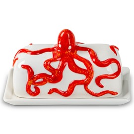 Octopus Butter Dish With Lid For Countertop Ceramic Butter Dish With Cover Red Butter Tray With Lid Butter Holder Large Butter Container For Counter