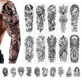 20 Sheet Temporary Tattoo Sleeves, CAYUDEN Waterproof 10 Large Full Arm Sleeves Tattoo +10 Half Arm Fake Tattoos for Men Women Wolf Rose Tattoo Sleeves for Men Body Leg Neck Tattoos Stickers Kit