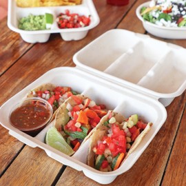 World Centric 8"x7"x3" Compostable Taco Box, 3-Compartment - Case of 300 - Plant Fiber with no Added PFAS - TO-SC-T3-LFS