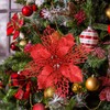 24 Pcs Christmas Red Glittered Mesh Holly Leaf Artificial Poinsettia