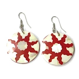Chic-Net Mother of Pearl Shell Earrings, Round White Mother of Pearl Shell Earrings with Red Sun Pattern, Hand Painted and Stainless Steel Backs, Stainless Steel, Shell