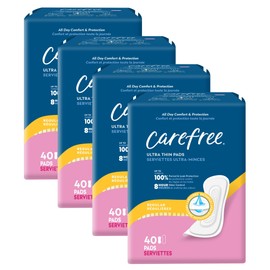 Carefree Ultra Thin Pads for Women, Regular Without Wings, 160ct (4 Packs of 40ct) | Feminine Care, Period & Postpartum Pads