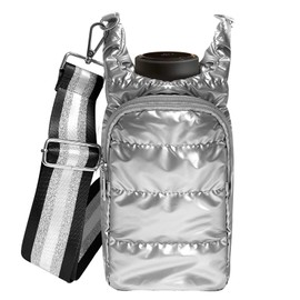 Feunu Crossbody Water Bottle Bag with Pouch Pocket Quilted Puffer Hydrobag, Waterbottle Carrier with Adjustable Strap, Water Bottle Accessories for Gifts