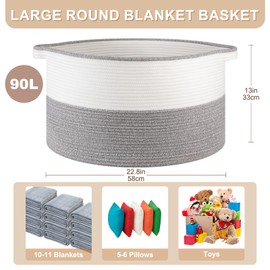 OIASKET Large Blanket Basket with Handles, 22.8" x 22.8" x 13" Woven Storage Basket for Living Room, Cotton Rope Baby Toy Storage for Clothes, Pillows, Towels-Grey and White