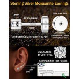 Morfetto Moissanite Earrings Round Stud Earrings 925 Sterling Silver for Men and Women, Sterling Silver