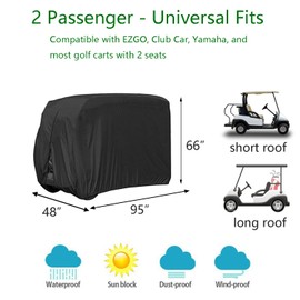 FLYMEI 2 Passenger Golf Cart Covers, Waterproof Outdoor Golf Cart Cover for EZ GO Club Car Yamaha Golf Carts, Dustproof 2 Seat Club Car Cover Golf Cart Seat Covers, 95"L x 48"W x 66"H, Black