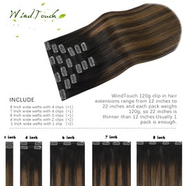 WindTouch Clip in Hair Extensions Human Hair for Women, Balayage Hair Extensions 14 Inch 120g 7pcs Dark Brown to Chestnut Brown, Natural Straight Remy Human Hair Extensions Clip ins for Women
