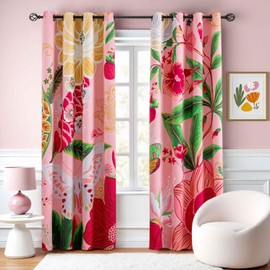 Tyrot Pink Boho Floral Blackout Curtains for Girls Bedroom 84 inch Long 2 Panels Butterfly Botanical Black Out Curtains for Living Room Grommet Thermal Insulated Room Darkening Window Drapes,52Wx84L