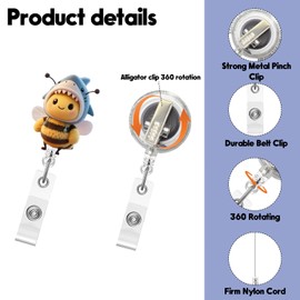 Bee Badge Reel,Cute Bee Acrylic Badge for ID Card Badge,Fun Telescoping Retractable Badge Holder Alligator Clip Accessories for Nurse,Medical Worker,Nursing Student,Teacher