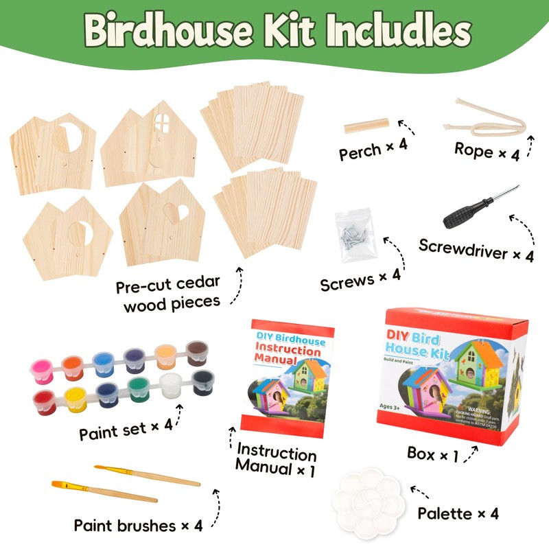 4 Pack Wooden DIY Birdhouse Kit, Art Craft Painting Kit