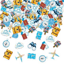 ParPix Pack of 100 Travel Confetti, Large 5 cm Travel Scatter Decoration, Traveling Birthday Confetti, Worldwide Travel Confetti, Adventure Theme Party Confetti, Blue White Travel Aeroplane Luggage