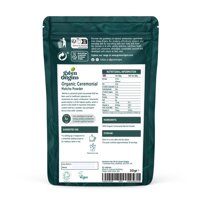 Green Origins Organic Japanese Ceremonial Matcha Green Tea Powder 30g