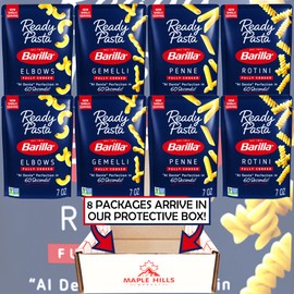 Barilla Fully Cooked Ready Pasta 8 Pouch Bulk Variety Pack - 2 Fully Cooked 7 oz Pouches of 4 Types - Gemelli, Penne, Rotini, Elbows - Perfect Alone or Side Dish - In Maple Hills Market Protective Box