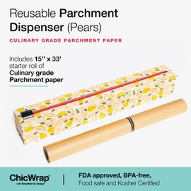 ChicWrap Pears Parchment Paper Dispenser - Includes 15"x 33' (42 Sq. Ft) Roll Unbleached Baking, Cooking & Culinary Paper - Reusable Dispenser w/Slide Cutter - Kosher Certified