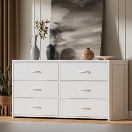 OURPIC Dresser for Bedroom with 6 Drawers, 51 Inch White Dressers TV Stand for 50, 55, 60 Inch TV, Wood Top and Side, Fabric Drawers, Storage, Dresser for Closet, Living Room, Hallway, Entryway