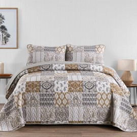 WONGS BEDDING Brown Quilt Set Queen Size, Patchwork Plaid Bedspread Bedding Sets Paisley Soft Microfiber Quilts for Queen Bed 3 Pieces Coverlet Set for All Season (96"x90")