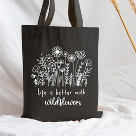 IIILUYOT Floral Aesthetic Wildflower Canvas Book Tote Bag Gifts for Flower Lover Women Friend, Flower Cute Cloth Bags Mother Gifts for Women Mother, Reusable Graphic Cotton Bags for Shopping Beach