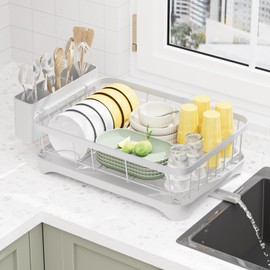 LIYI Dish Drying Rack,Adjustable Spout Design, Kitchen Dish Racks,Made of Iron Material,with Removable Draining Board,Suitable for Kitchen and Caravan Use Scenarios,White