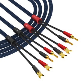 Preffair 1 Pair HiFi Speaker Cable 4 Spade Plugs & 4 Banana Plugs OFC Copper Shielded Speaker Wires Gold Plated Spade to BFA Type 13AWG/2.6mm2 Bradided Sleeves Protection for A/V Systems (10 feet)