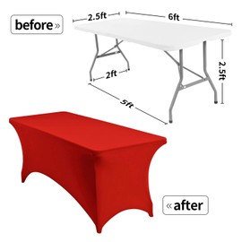 Peomeise 2PCS 6FT Spandex Table Cover Rectangular Stretch Spandex Tablecloth (Red,6FT)