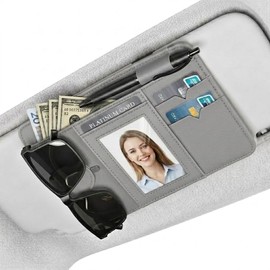 Car Visor Organizer with Leather,Multi-Pocket Visor Organizer Storage Pouch for Cars with Glasses Clip,3 Card Slots Plus a Clear ID Window，Car Sunglass Holder with Strong Magnetic Clip.