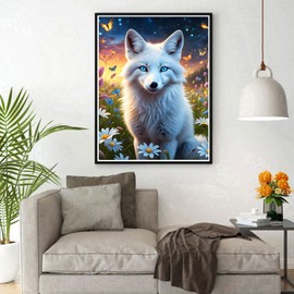 DPHERO White Fox Diamond Painting Kits for Beginners Adults,5D DIY Wildflowers Diamond Art Kits,Round Full Drill Fox Gem Art Crafts,DIY Dreamland Painting by Numbers for Home Wall Decor 12x16 inch