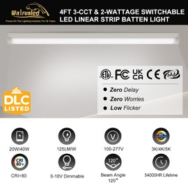 4FT LED Linear Strip Stairwell Light, 20W/40W CCT Selectable, 2500lm/5000lm 3000K/4000K/5000K, 100-277V, IP20, CRI 85, 0-10V Dimmable 4 Foot Commercial Linkable LED Shop Ceiling Light Fixture, ETL DLC