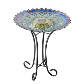 Hi Line Gift Ltd. Solar Peacock Blue Geometric Glass Bird Bath with Stand