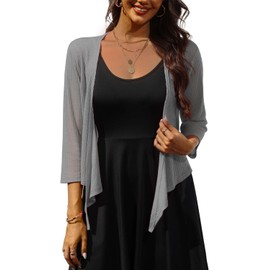 PrinStory Shrugs For Women Summer Tie Front Shrug Cardigans Breathable 3/4 Sleeve Stripes Top Ladies Open Front Beach Outerwear (Gray,L)