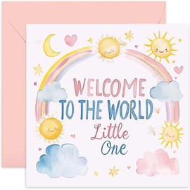 Pink Baby Shower Greeting Card - Watercolour Stars Rainbows Clouds Artwork - Keepsake Gifts for Birth of Daughter - Congratulations, Celebrations for New Parents Grandparents - Mummy to be