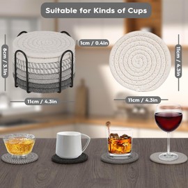 8 Pcs Drink Coasters with Holder, Minimalist Cotton Woven Coaster Set, 4 Colors Absorbent Coaster Protection Protection for Home Decor Tabletop Protection Suitable for Kinds of Cups, 4.3 In (Gray)