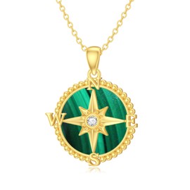AHTAMOS Compass Necklace 925 Sterling Silver Compass Pendant Necklace for Women Malachite Jewelry, Sterling Silver, Cubic Zirconia, Yellow Gold