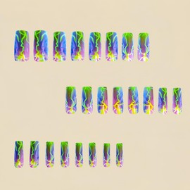 Press On Medium Square Aurora Green Lightning Design False Nails - Full Cover Artificial Acrylic Coffin Nails - Reusable Glue On DIY Stick On Nails for Women - 24Pcs
