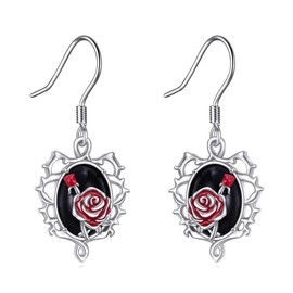 POPLYKE Flower Teardrop Drop Earrings Sterling Silver Leverback Earrings Birthday Gift, Sterling Silver, Black Onyx