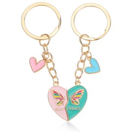 Ouligay 2 Pcs Heart Matching Keychains,Best Friend Keychain With Butterfly,Long Distance Friendship Gifts for Women Friends Birthday Christmas Creative Gifts(Pink Bule)