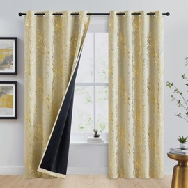 FMFUNCTEX 100% Blackout Curtains for Bedroom, Curtains 96 Inches Long Gold Ivory Tree Branch Thermal Curtain Drapes for Living Room Darkening Window Curtains,Farmhouse Curtain Grommet Top 2 Panels