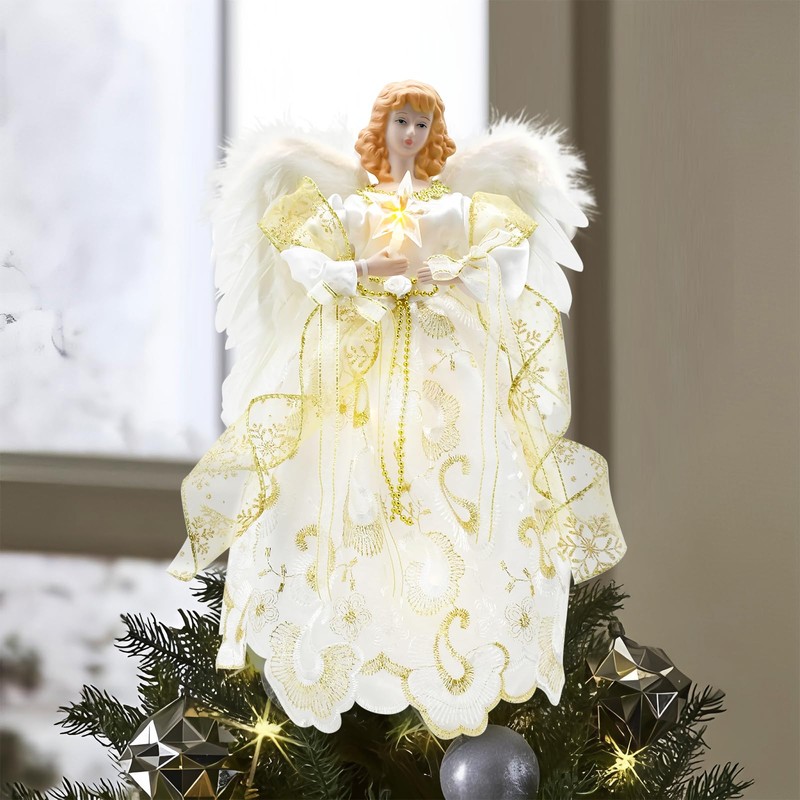 12" Lighted White Angel Christmas Tree Topper with Feather Wings