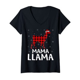Womens Matching Buffalo Plaid Mama Llama Christmas Pajama V-Neck T-Shirt