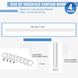 DoubleFill 4 Pack Acrylic Curtain Pull Wand 46 Inch Clear Drapery Wand with 2 Hooks and Rings Invisible Curtain Pull Rod for Grommet Curtains Opening(46 Inch)