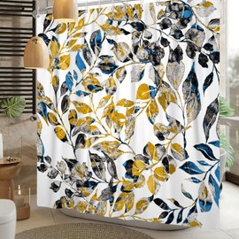 ChloropLastid Watercolor Leaves Shower Curtain 72x72 Inch Abstract Gold and Blue Eucalyptus Leaf Nature Plant Bath Curtain Boho Botanical Flower Bathroom Decor Waterproof Fabric