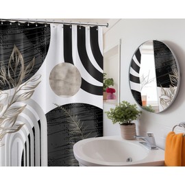 QGHOT Mid Century Modern Black and White Shower Curtain Cool Charcoal Grey Silver Shower Curtains for Mens Bathroom Decor Sets, Abstract Boho Pattern, Waterproof Cloth Fabric with Hooks 60x72 in