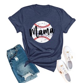 YZMI Womens Baseball Mama Shirts Cute Baseball Mom Gifts Graphic T-Shirts Heather Blue L