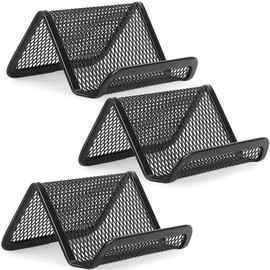 MaxGear Metal Mesh Business Card Holder 3 Pack, Heavy Duty Desk Desktop Organizer, Modern Grid Card Stand Display for Men Holds 50 Cards, Black, Office Accessories