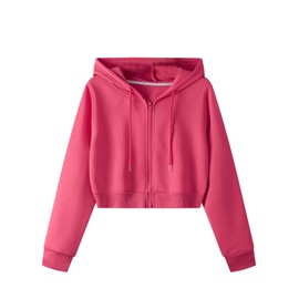 SweatyRocks Women's Long Sleeve Drawstring Full Zip Hooded Jacket Crop Sweatshirt Hot Pink S